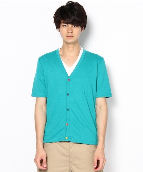 WEGO（ウィゴー）の「背裏チェックVネックSSカーディガン（カーディガン/ボレロ・メンズ・ブラック/杢グレー/ターコイズブルー/ライトピンク/ワイン・MEDIUM/LARGE）」の3枚目の写真