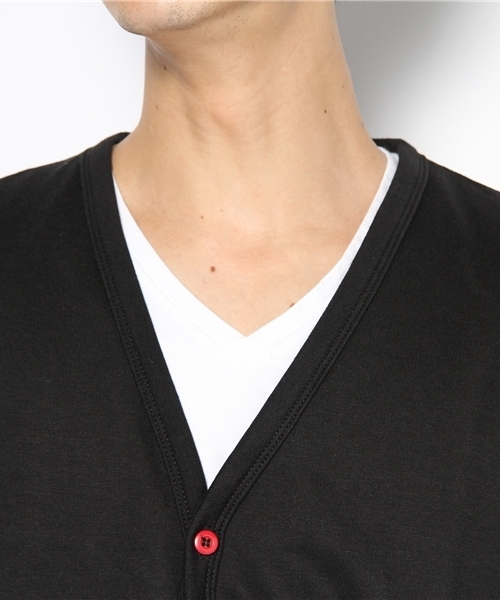 WEGO（ウィゴー）の「背裏チェックVネックSSカーディガン（カーディガン/ボレロ・メンズ・ブラック/杢グレー/ターコイズブルー/ライトピンク/ワイン・MEDIUM/LARGE）」の8枚目の写真