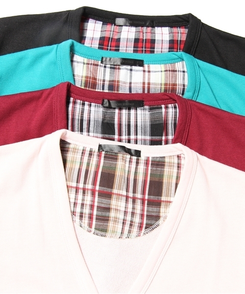 WEGO（ウィゴー）の「背裏チェックVネックSSカーディガン（カーディガン/ボレロ・メンズ・ブラック/杢グレー/ターコイズブルー/ライトピンク/ワイン・MEDIUM/LARGE）」の11枚目の写真