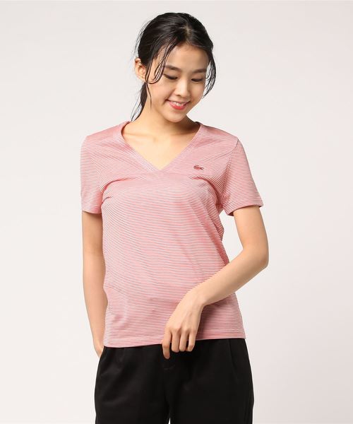 Lacoste ラコステ の オットマンコットンvネックボーダーtシャツ 半袖 Tシャツ カットソー Wear