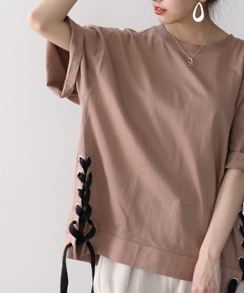 セール】サイドレースアップ編み上げビックTシャツ(Tシャツ セール】サイドレースアップ編み上げビックTシャツ(Tシャツ