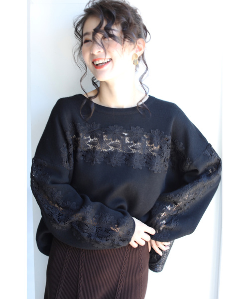 cawaii（カワイイ）の「（ブラック）袖と胸元に咲き誇る花レースニットトップス（ニット/セーター・レディース・ブラック・FREE）」の14枚目の写真