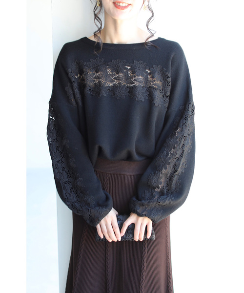 cawaii（カワイイ）の「（ブラック）袖と胸元に咲き誇る花レースニットトップス（ニット/セーター・レディース・ブラック・FREE）」の12枚目の写真