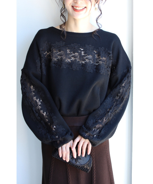 cawaii（カワイイ）の「（ブラック）袖と胸元に咲き誇る花レースニットトップス（ニット/セーター・レディース・ブラック・FREE）」の22枚目の写真