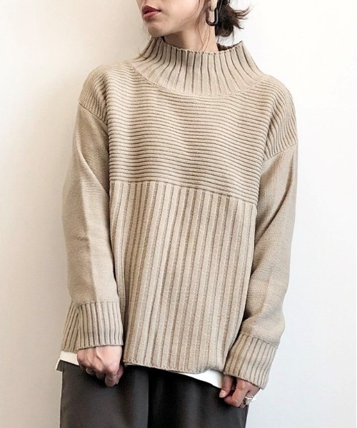 Green　Parks（グリーンパークス）の「切り替えリブニットプルオーバー＊（ニット/セーター・レディース・ブラック/ベージュ/パープル/ライトカーキ・FREE）」の3枚目の写真