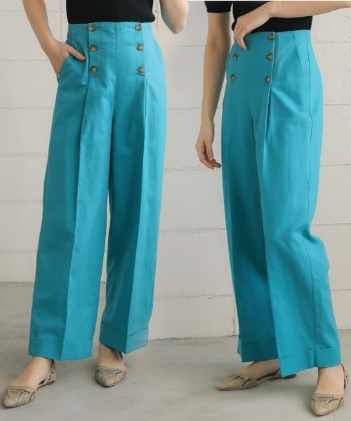 Bou Jeloud（ブージュルード）の「【WEB限定】麻混マリンワイドパンツ/リネンブレンドフロントボタンセンタープレスボトム（その他パンツ・レディース・ベージュ/ブラウン/ブルー・38）」の3枚目の写真