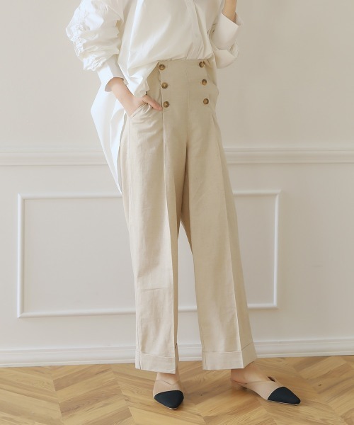 Bou Jeloud（ブージュルード）の「【WEB限定】麻混マリンワイドパンツ/リネンブレンドフロントボタンセンタープレスボトム（その他パンツ・レディース・ベージュ/ブラウン/ブルー・38）」の5枚目の写真