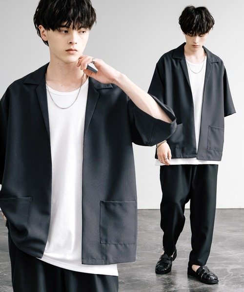 Rocky Monroe（ロッキーモンロー）の「【3点セットアップ】 オーバーサイズ5分袖シャツジャケット&ワイドテーパードパンツ&接触冷感タンクトップ（セットアップ・メンズ・グリーン/ブルー/ブラック/ベージュ/ライトグレー/ホワイト/ライトグレー系/ホワイト×ブラック/ブルー系/ブラウン/カーキ系/ピンク系/ピンク/ブラック×ホワイト/ベージュ×ブラック/カーキ/ブラウン系/チャコールグレー×ブラック/ネイビー/パープル/グレー系/グレー/パープル系/チャコール/ネイビー×ホワイト/グレイッシュベージュ・LL/L/M）」の8枚目の写真