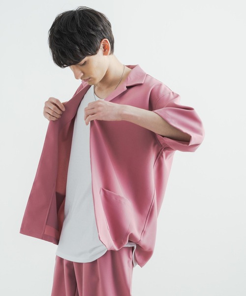 3点セットアップルーズシルエット5分袖シャツジャケット&ワイドテーパードパンツ&ロングタンクトップ