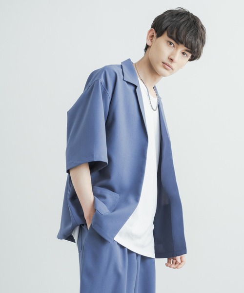 3点セットアップルーズシルエット5分袖シャツジャケット&ワイドテーパードパンツ&ロングタンクトップ