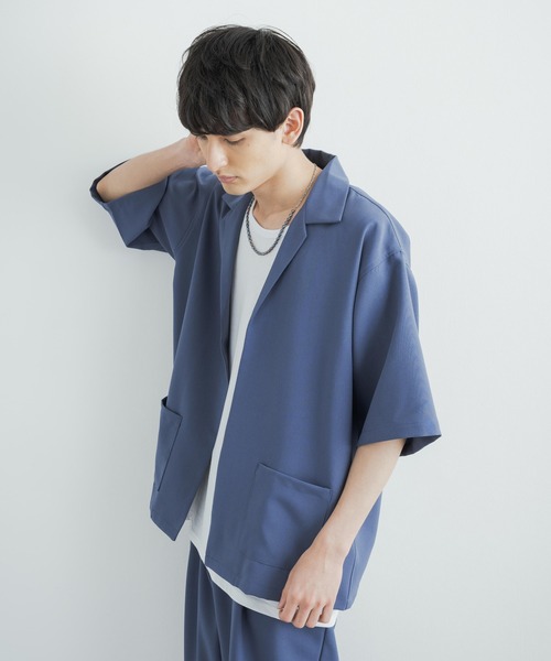 3点セットアップルーズシルエット5分袖シャツジャケット&ワイドテーパードパンツ&ロングタンクトップ