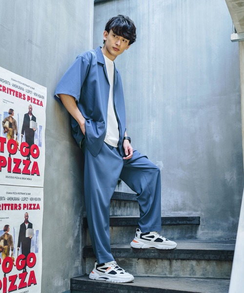 3点セットアップルーズシルエット5分袖シャツジャケット&ワイドテーパードパンツ&ロングタンクトップ