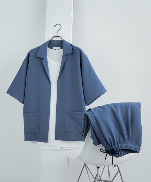 3点セットアップルーズシルエット5分袖シャツジャケット&ワイドテーパードパンツ&ロングタンクトップ