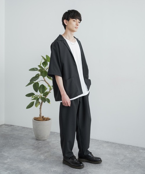 3点セットアップルーズシルエット5分袖シャツジャケット&ワイドテーパードパンツ&ロングタンクトップ
