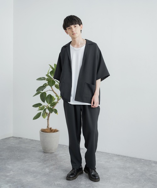 3点セットアップルーズシルエット5分袖シャツジャケット&ワイドテーパードパンツ&ロングタンクトップ