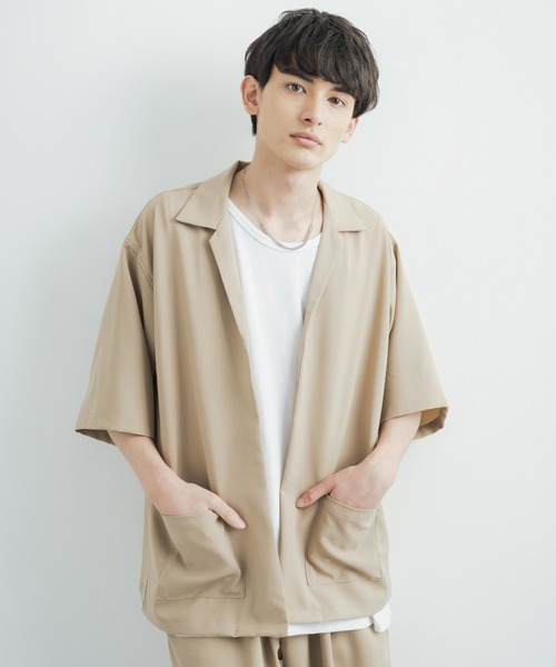 3点セットアップルーズシルエット5分袖シャツジャケット&ワイドテーパードパンツ&ロングタンクトップ