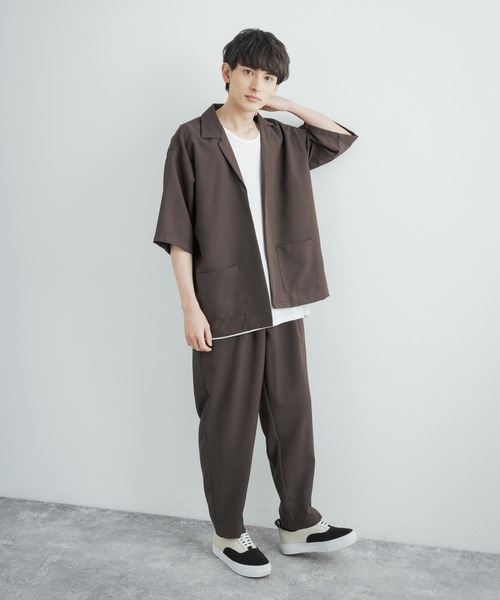 3点セットアップルーズシルエット5分袖シャツジャケット&ワイドテーパードパンツ&ロングタンクトップ