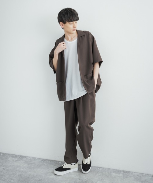 3点セットアップルーズシルエット5分袖シャツジャケット&ワイドテーパードパンツ&ロングタンクトップ