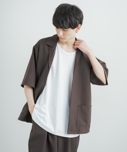 3点セットアップルーズシルエット5分袖シャツジャケット&ワイドテーパードパンツ&ロングタンクトップ