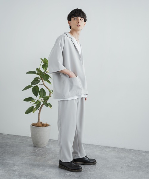 3点セットアップルーズシルエット5分袖シャツジャケット&ワイドテーパードパンツ&ロングタンクトップ