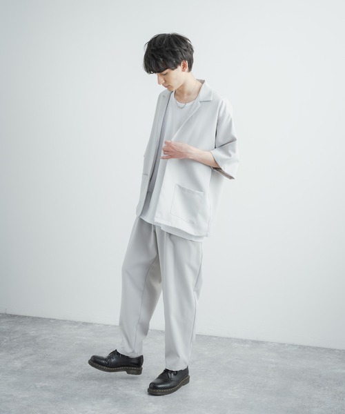 3点セットアップルーズシルエット5分袖シャツジャケット&ワイドテーパードパンツ&ロングタンクトップ