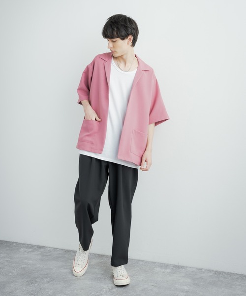 3点セットアップルーズシルエット5分袖シャツジャケット&ワイドテーパードパンツ&ロングタンクトップ