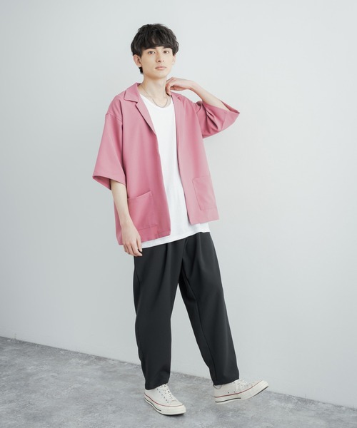 3点セットアップルーズシルエット5分袖シャツジャケット&ワイドテーパードパンツ&ロングタンクトップ