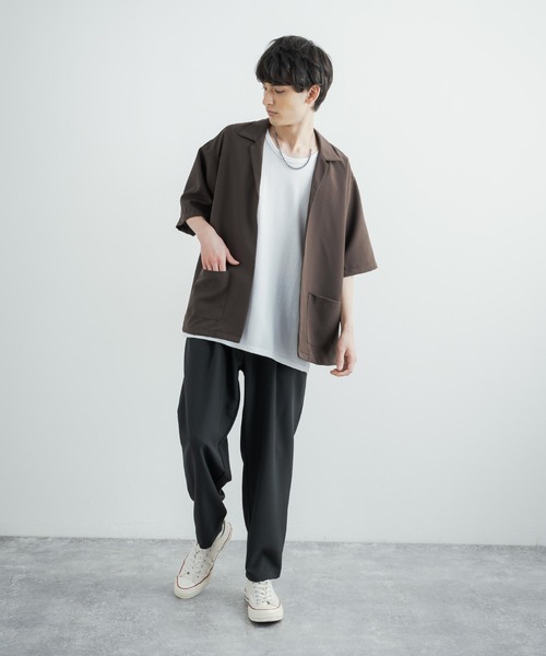 3点セットアップルーズシルエット5分袖シャツジャケット&ワイドテーパードパンツ&ロングタンクトップ