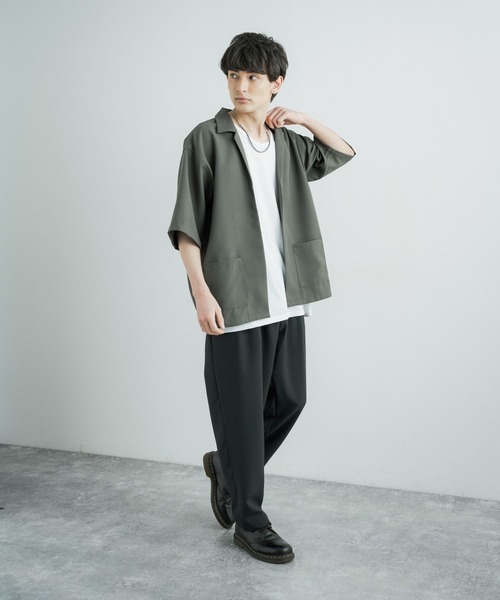 3点セットアップルーズシルエット5分袖シャツジャケット&ワイドテーパードパンツ&ロングタンクトップ