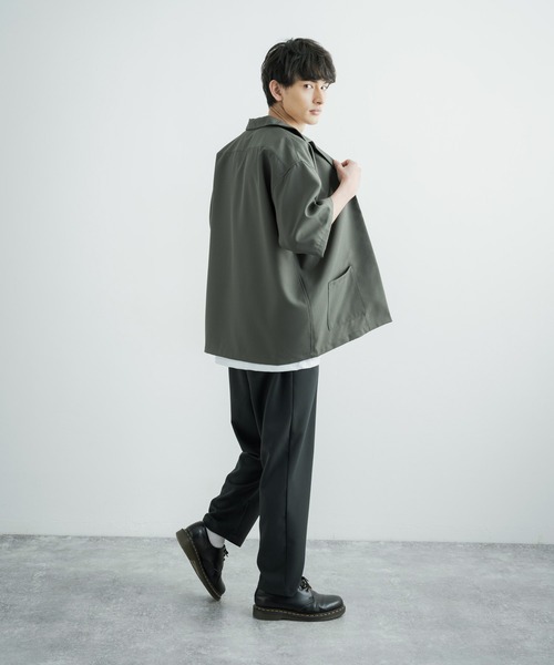 3点セットアップルーズシルエット5分袖シャツジャケット&ワイドテーパードパンツ&ロングタンクトップ