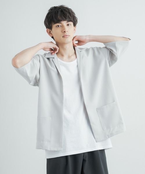 3点セットアップルーズシルエット5分袖シャツジャケット&ワイドテーパードパンツ&ロングタンクトップ