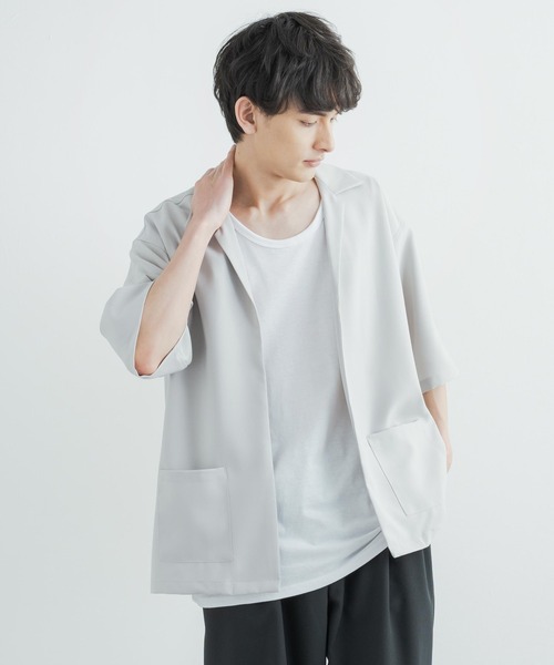 3点セットアップルーズシルエット5分袖シャツジャケット&ワイドテーパードパンツ&ロングタンクトップ