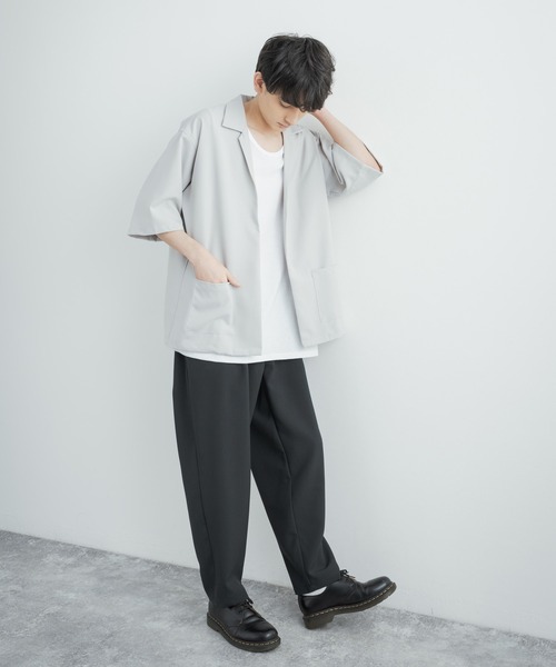 3点セットアップルーズシルエット5分袖シャツジャケット&ワイドテーパードパンツ&ロングタンクトップ