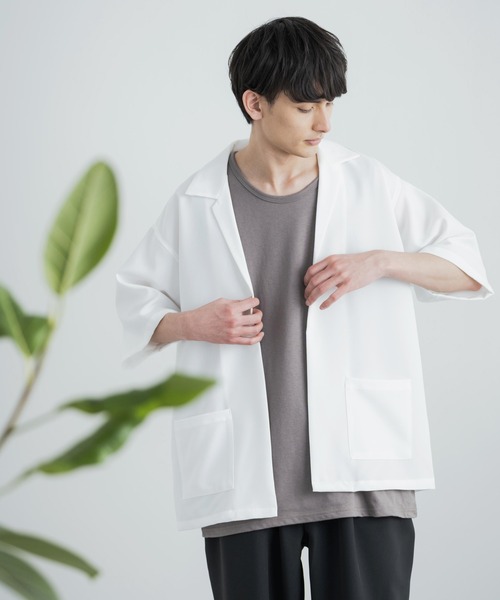 3点セットアップルーズシルエット5分袖シャツジャケット&ワイドテーパードパンツ&ロングタンクトップ