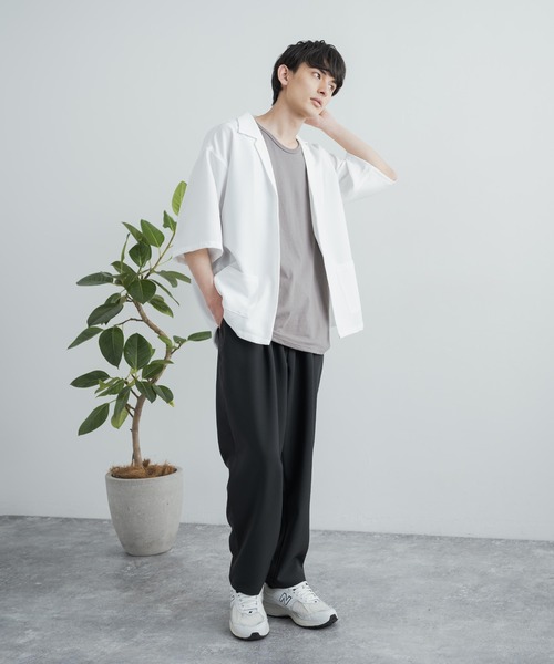 3点セットアップルーズシルエット5分袖シャツジャケット&ワイドテーパードパンツ&ロングタンクトップ
