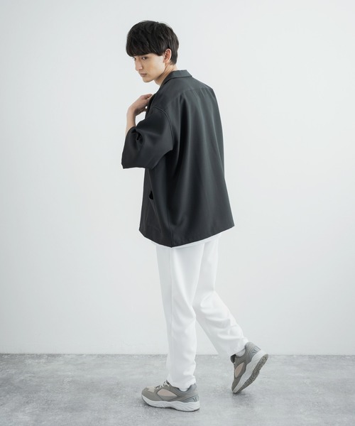 3点セットアップルーズシルエット5分袖シャツジャケット&ワイドテーパードパンツ&ロングタンクトップ