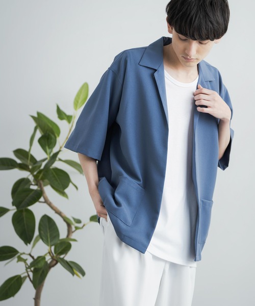 3点セットアップルーズシルエット5分袖シャツジャケット&ワイドテーパードパンツ&ロングタンクトップ