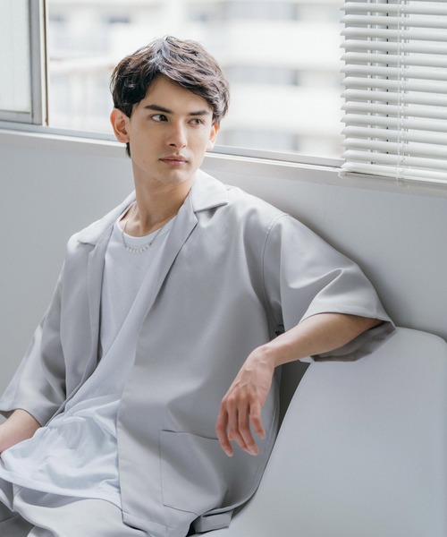 3点セットアップルーズシルエット5分袖シャツジャケット&ワイドテーパードパンツ&ロングタンクトップ