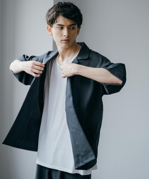 3点セットアップルーズシルエット5分袖シャツジャケット&ワイドテーパードパンツ&ロングタンクトップ