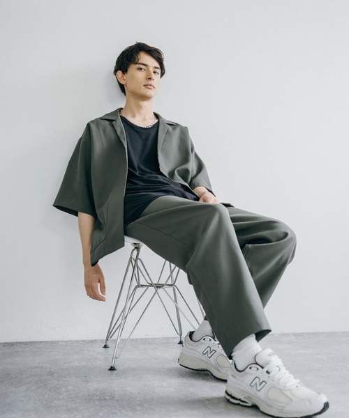 3点セットアップルーズシルエット5分袖シャツジャケット&ワイドテーパードパンツ&ロングタンクトップ