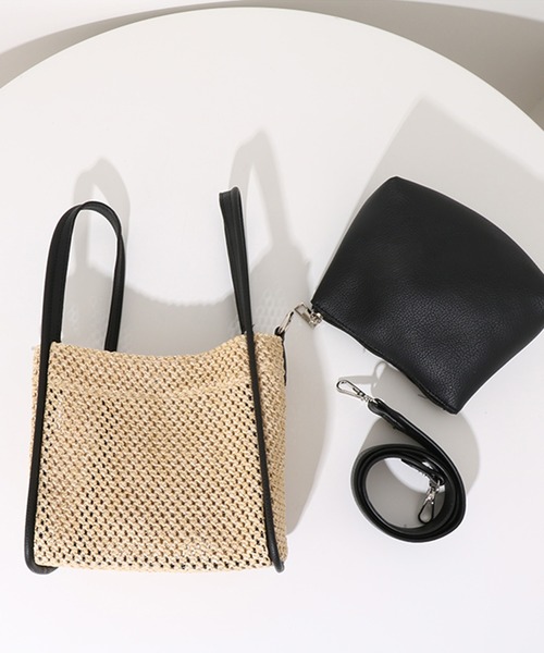 shopnikoniko(ショップニコニコ)の「ペーパー編み2wayバッグ(ハンドバッグ)」|ブラック