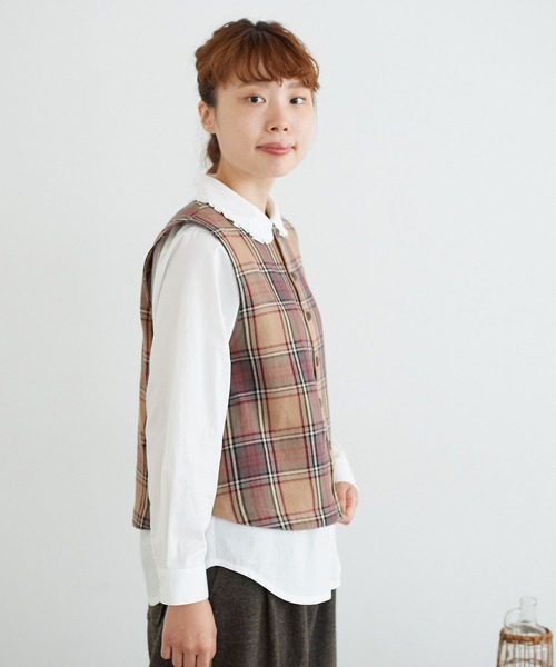chambre de charme（シャンブルドゥシャーム）の「cdc コットン/ウール　チェック　まんまるベスト（ベスト・レディース・ブラウン/グリーン・FREE）」の7枚目の写真