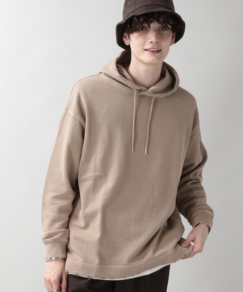 RAGEBLUE（レイジブルー）の「ピグメント/ビッグシルエットダメージパーカー/214697（パーカー・メンズ・ベージュ/アイボリー/スミクロ/パープル・MEDIUM/LARGE）」の4枚目の写真