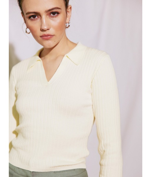 ALEXIA STAM（アリシアスタン）の「Open Collar Rib Knit Top/オープンカラーリブニットトップ（Tシャツ/カットソー・レディース・ブラウン/アイボリー/ブラック・FREE）」の2枚目の写真