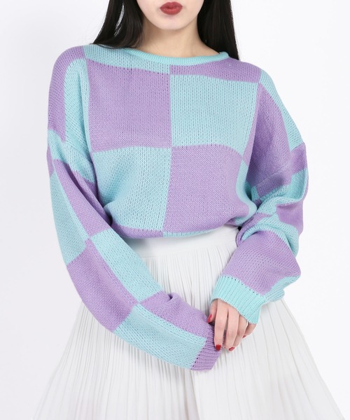 WC（ダブル シー）の「カラーチェッカーニット（ニット/セーター・レディース・グリーン/ライトパープル・FREE）」の2枚目の写真