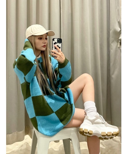 WC（ダブル シー）の「カラーチェッカーニット（ニット/セーター・レディース・グリーン/ライトパープル・FREE）」の9枚目の写真