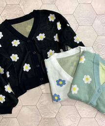 配色デイジー柄Vネックニットカーディガン