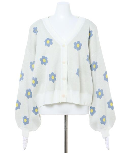 INGNI（イング）の「配色デイジー柄Vネックニットカーディガン（カーディガン/ボレロ・レディース・ライトグリーン/ブラック×ブラック/ホワイト系5・M）」の5枚目の写真