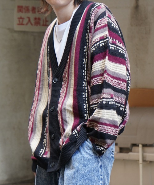 Confirm(コンファーム)の「ヴィンテージライク レトロジャガードストライプ柄 ビッグシルエット 3Dニットカーディガン 【Confirm】(カーディガン/ボレロ・メンズ・ブラック/ベージュ/ワイン/アイボリー/ブラック系その他/ホワイト系その他/ブルー系その他・M/L)」の20枚目の写真