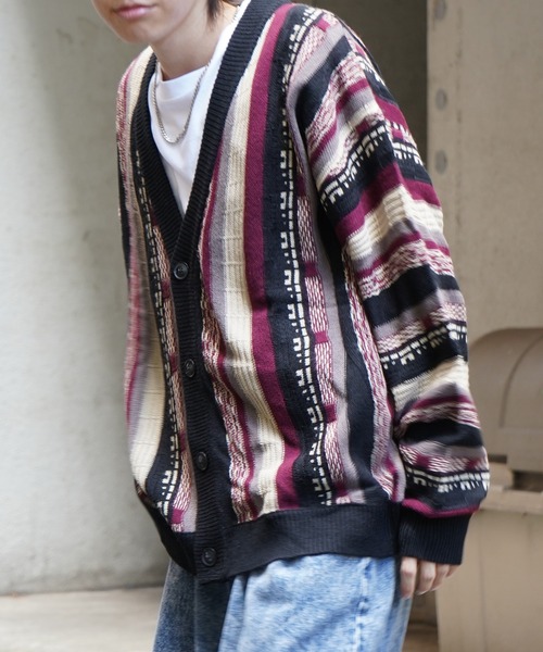 Confirm(コンファーム)の「ヴィンテージライク レトロジャガードストライプ柄 ビッグシルエット 3Dニットカーディガン 【Confirm】(カーディガン/ボレロ・メンズ・ブラック/ベージュ/ワイン/アイボリー/ブラック系その他/ホワイト系その他/ブルー系その他・M/L)」の19枚目の写真